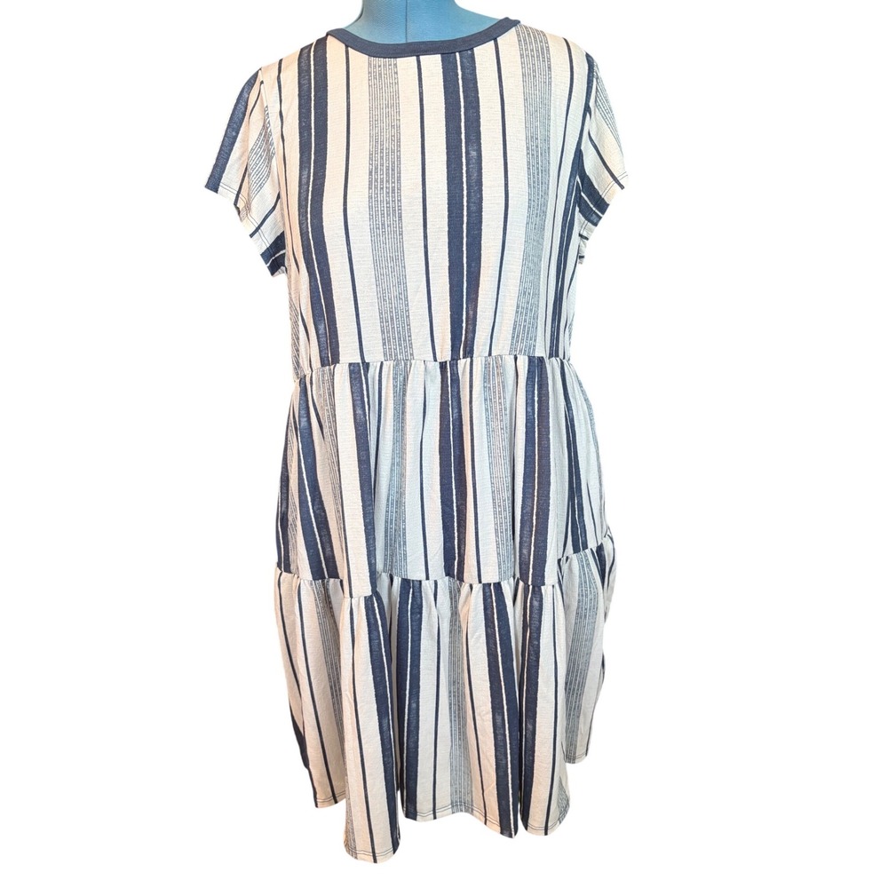 LuLaRoe Navy Blue White Striped Tiered‎ Babydoll Short Sleeve Dress Large